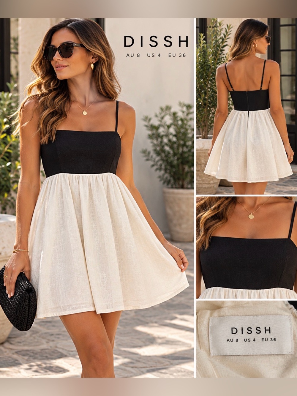 DISSH Black Ivory 100% Linen Colorblock Mini Dress US